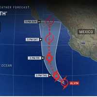 <p>Tropical Storm Alvin's projected path through late Sunday afternoon, June 1.</p>