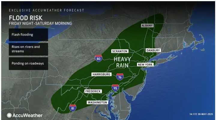 A look at the broad area where heavy rain and possible flooding is expected Friday night, May 30 into Saturday, May 31.