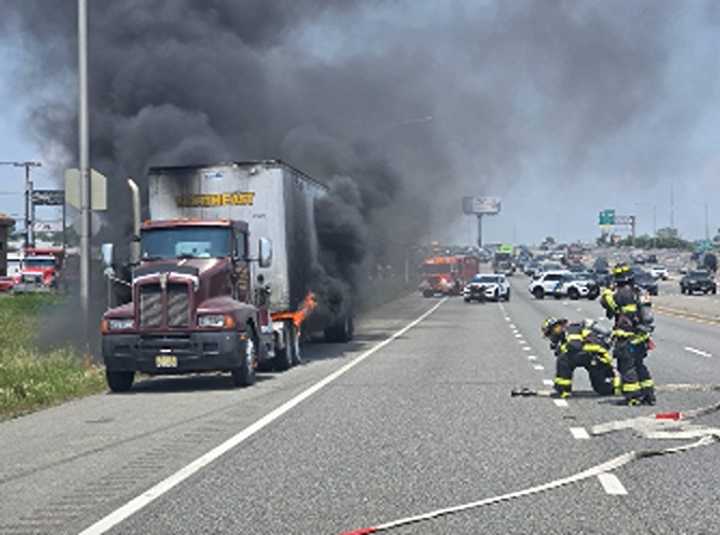A truck hauling pallets of mayo went up on flames on Route 80.