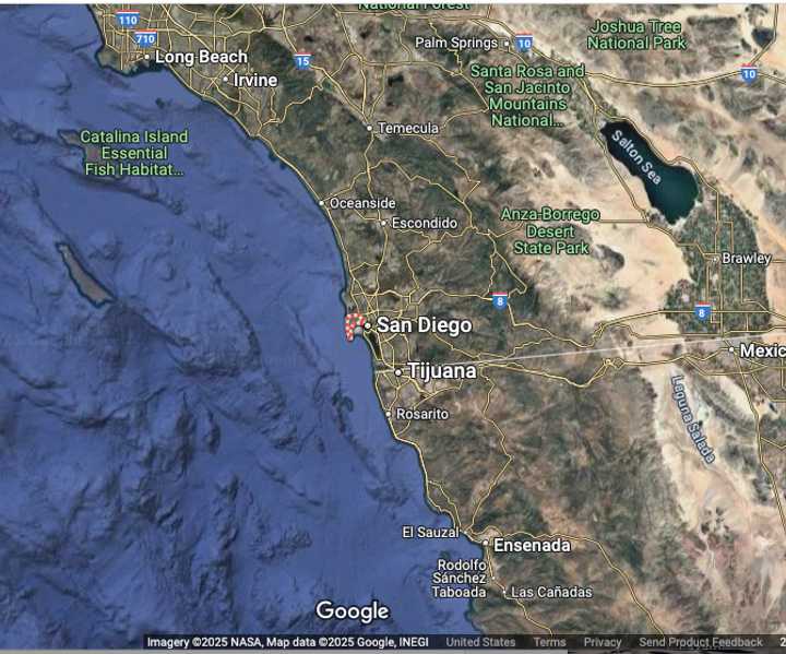 The Cessna went down above 5 miles off the coast of the San Diego neighborhood of Point Loma (marked in red), a rugged peninsula.