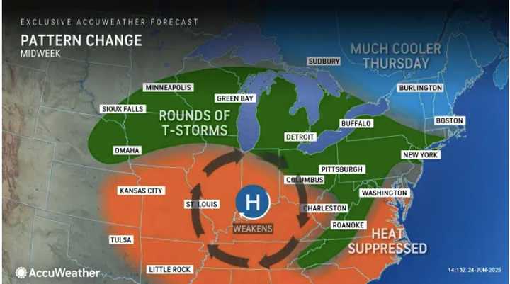 Scattered rounds of thunderstorms are expected both Wednesday, June 25, and Thursday, June 26.