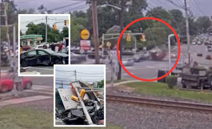 Stunning footage shows a malfunctioning truck barrel through a Bergenfield intersection.