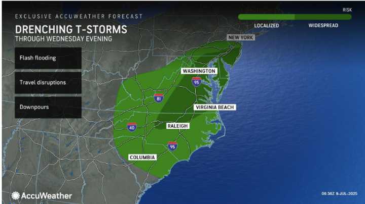 More storms are likely on Wednesday, July 9, especially in the locations in the darkest shade of green.