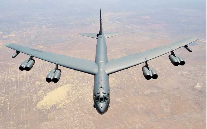 A B-52 bomber flying over Texas.