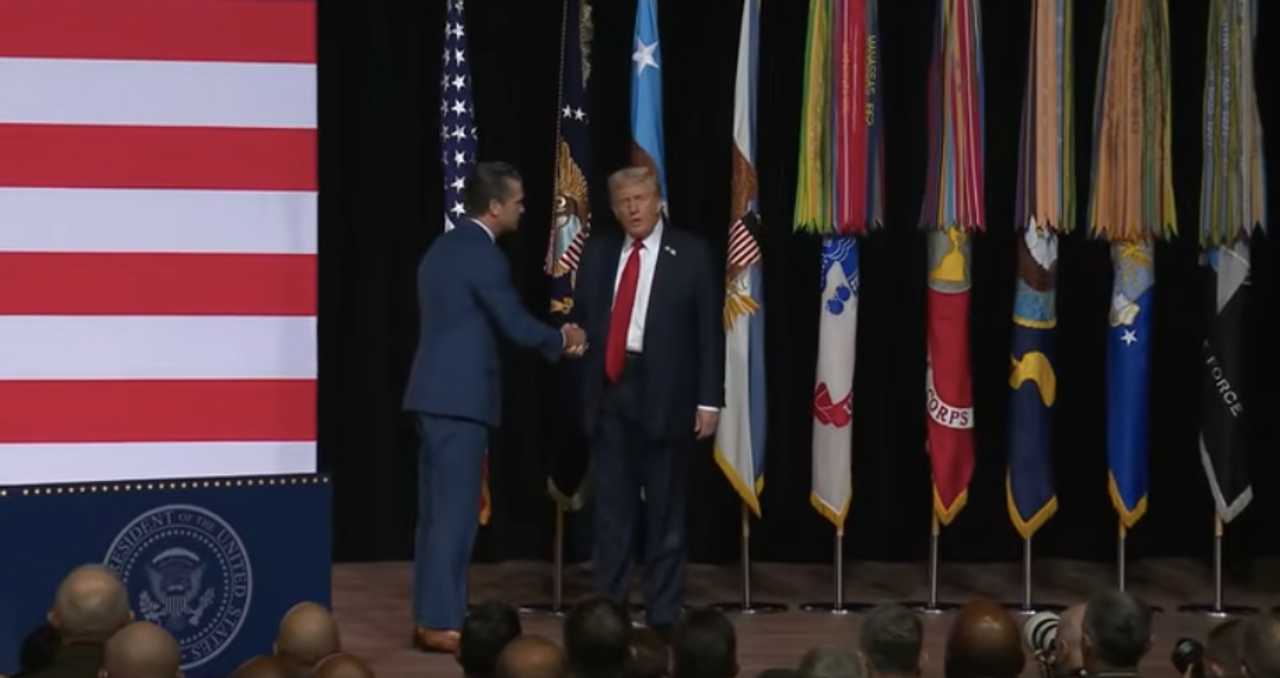 President Donald Trump takes the stage after being introduced by Defense Secretary Pete Hegseth at the gathering of military leaders in Quantico, Virginia, on Tuesday, Sept. 30.
President Donald Trump takes the stage after being introduced by Defense Secretary Pete Hegseth at the gathering of military leaders in Quantico, Virginia, on Tuesday, Sept. 30.