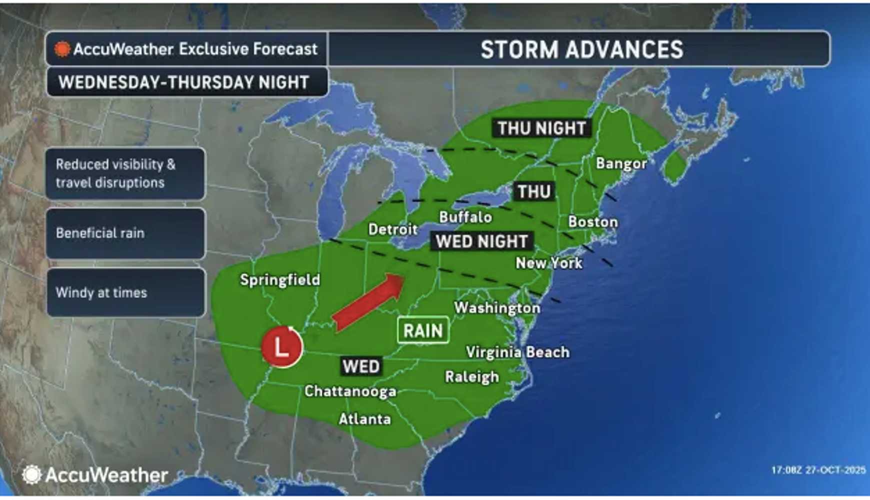 A look at the broad area where there will be rainy weather and gusty winds Wednesday evening, Oct. 29, through Wednesday, Oct. 30. 
 
A look at the broad area where there will be rainy weather and gusty winds Wednesday evening, Oct. 29, through Wednesday, Oct. 30.
