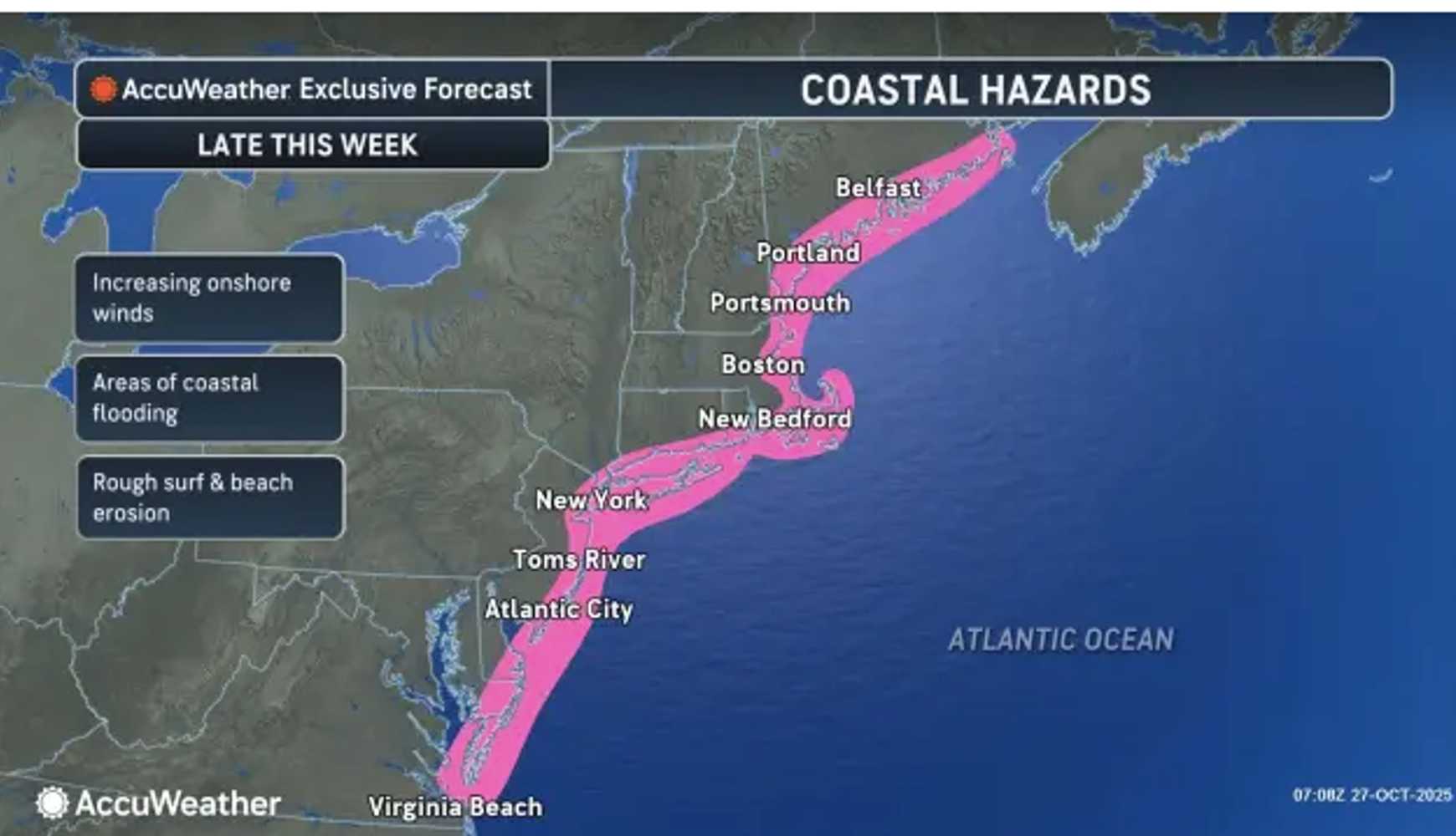 There will be rough surf and beach erosion, areas of costal flooding and increasing onshore winds from Virginia to Maine late this week.
 
There will be rough surf and beach erosion, areas of costal flooding and increasing onshore winds from Virginia to Maine late this week.
