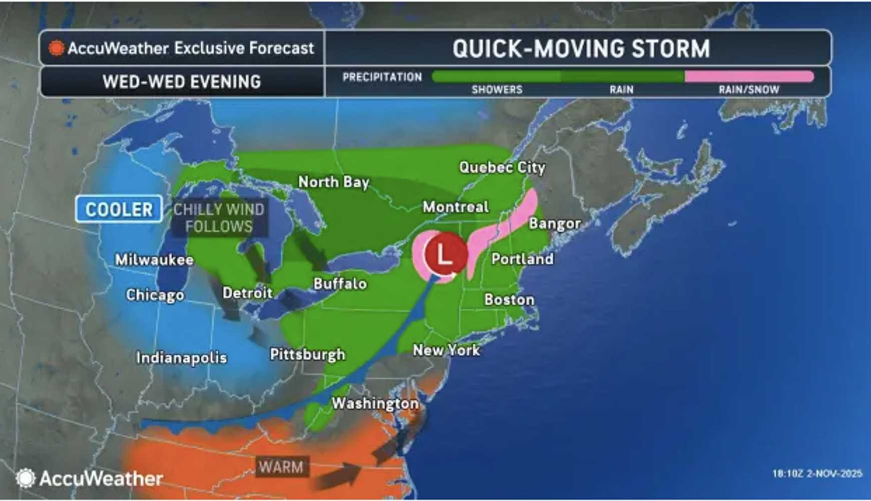 
The next system will bring more rain, showers and even some snowflakes, mainly in the higher terrain of New England, on Wednesday, Nov. 5 during the afternoon and evening.
