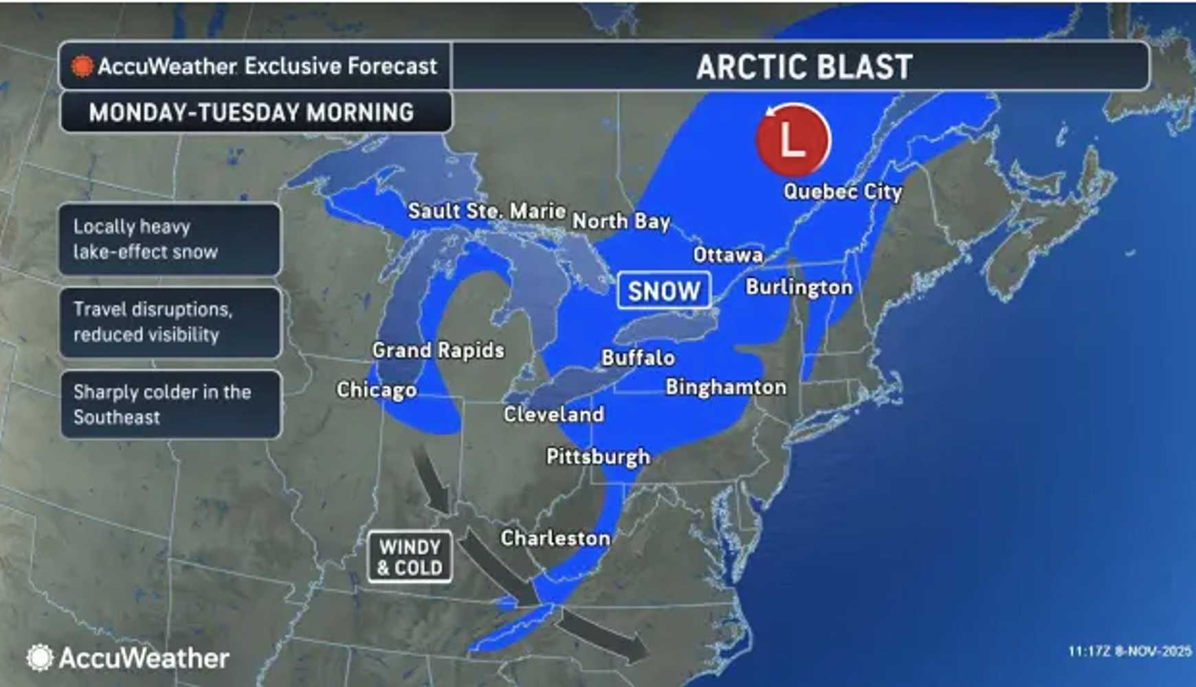 
The Arctic blast is due to a big shift in the jet stream.
