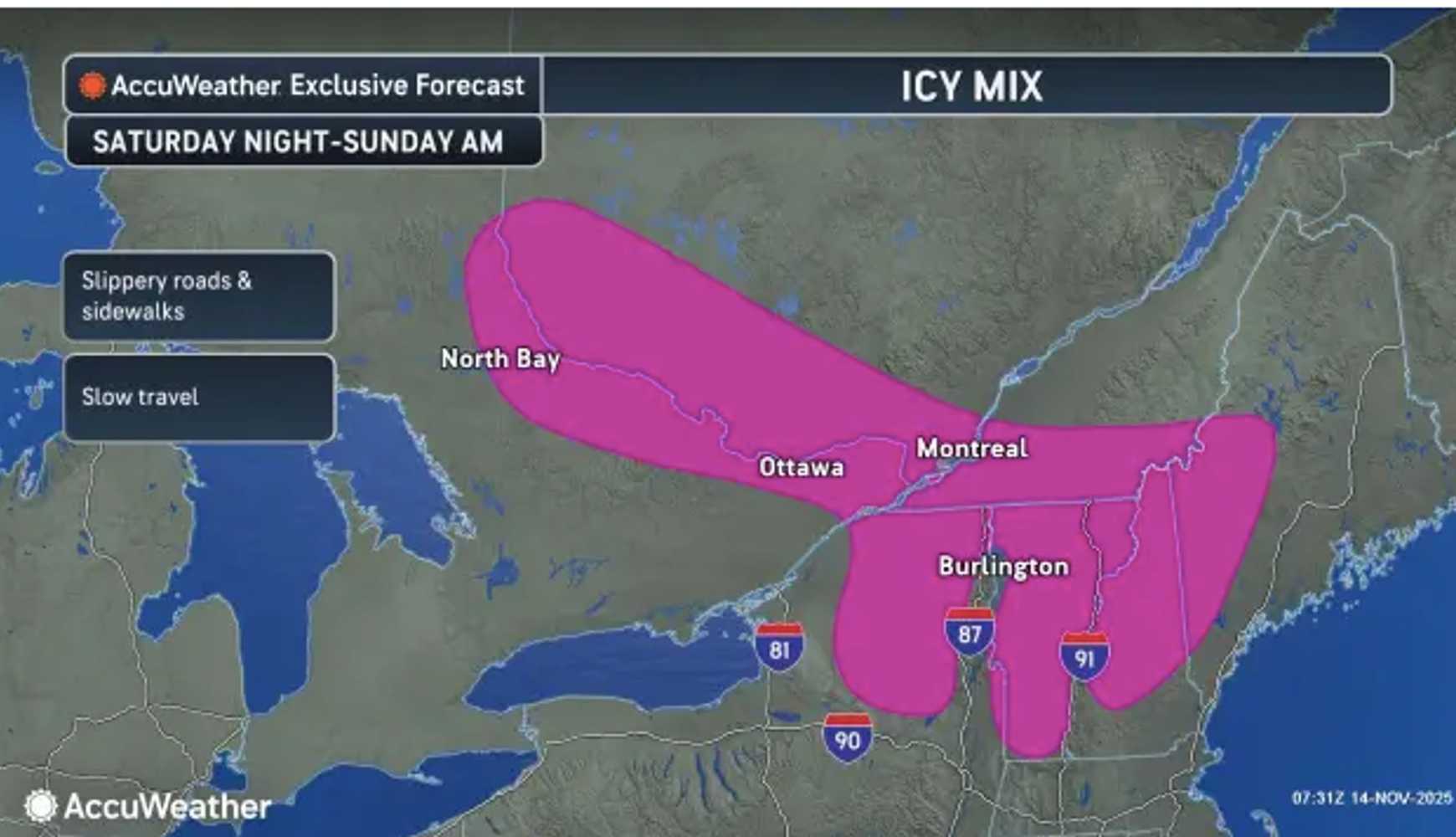 
Icy conditions and slick travel are predicted for northeastern New York and northern New England Saturday night, Nov. 15, into Sunday morning, Nov. 16.
