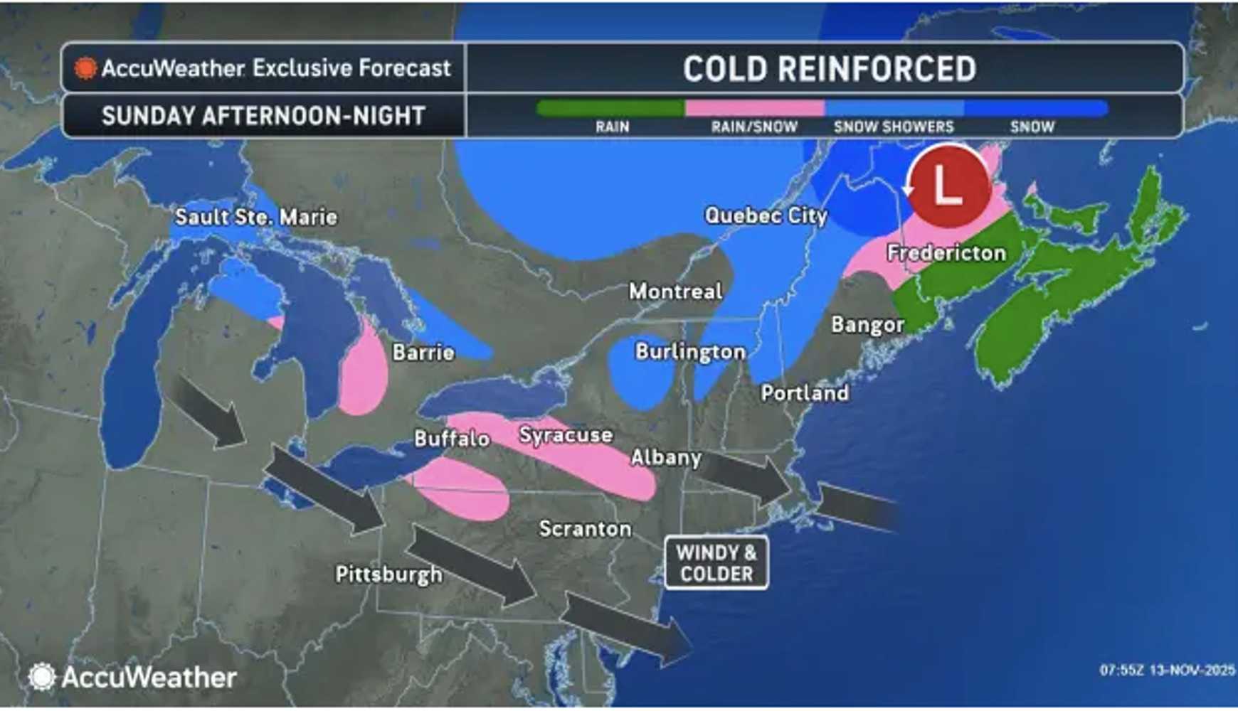 
Linger cold air will result in a mix of rain and snow in locations show in pink and snow showers in areas in light blue on Sunday, Nov. 16 during the afternoon and evening.

