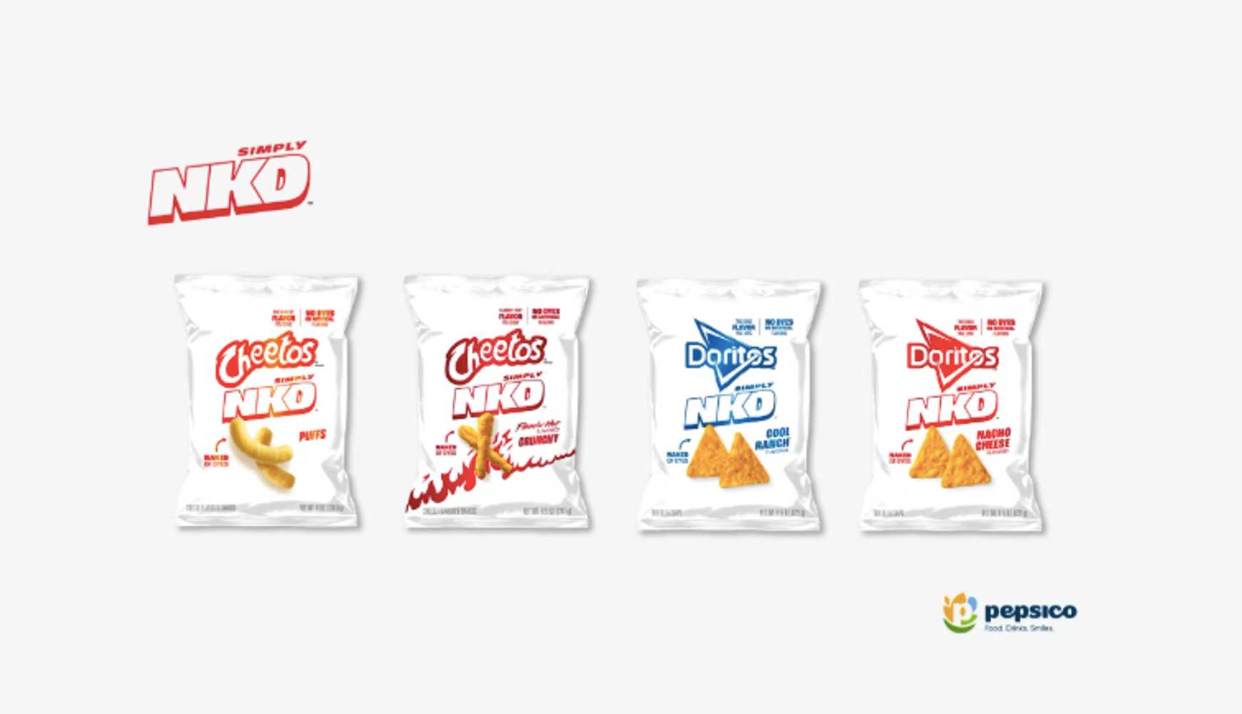 
Packaging for Cheetos Simply NKD Puffs, Cheetos® Simply NKD Flamin’ Hot, Doritos Simply NKD Nacho Cheese, Doritos Simply NKD Cool Ranch.
