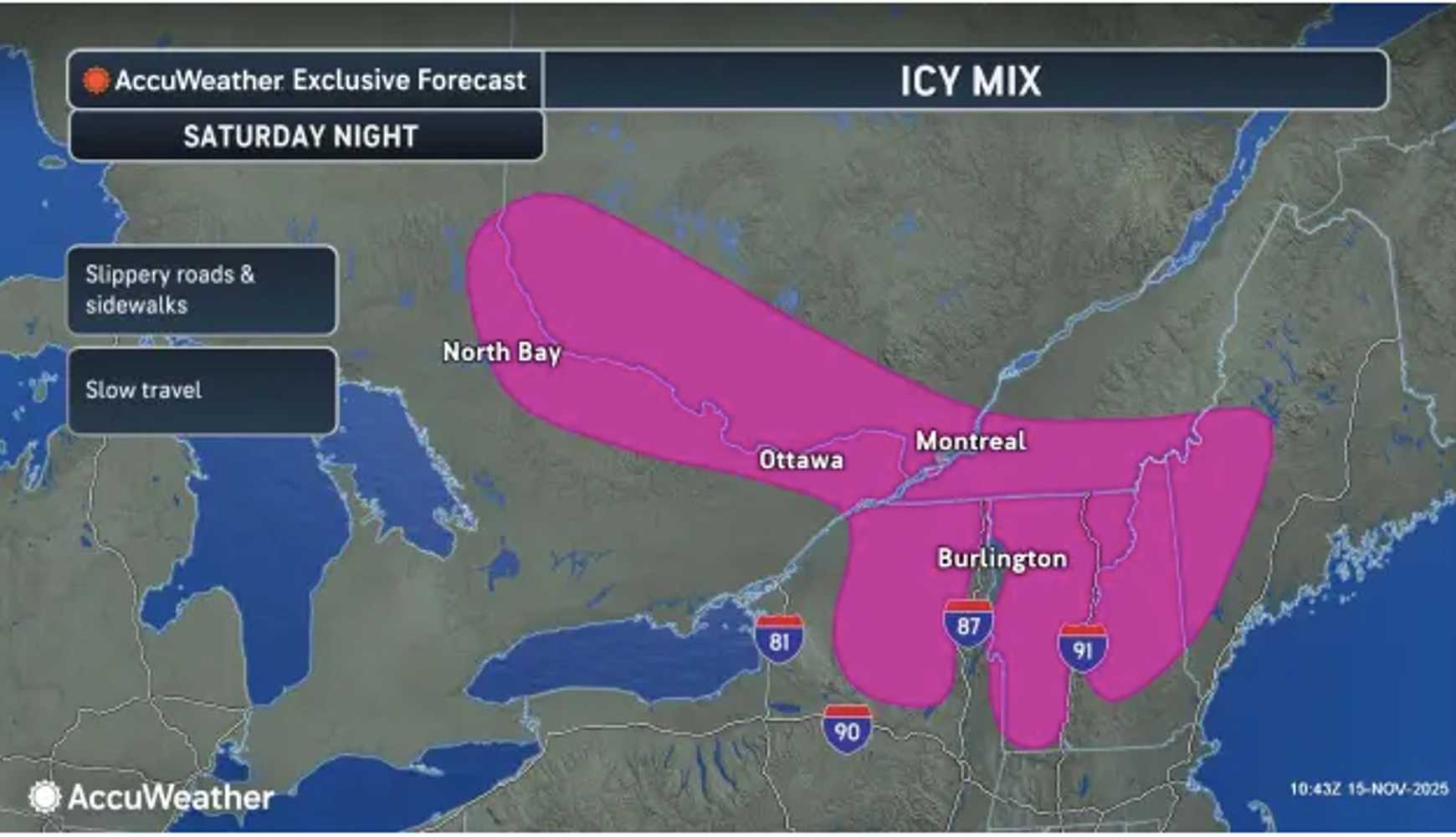 
Icy conditions and slick travel are predicted for northeastern New York and northern New England Saturday night, Nov. 15, into Sunday morning, Nov. 16.
