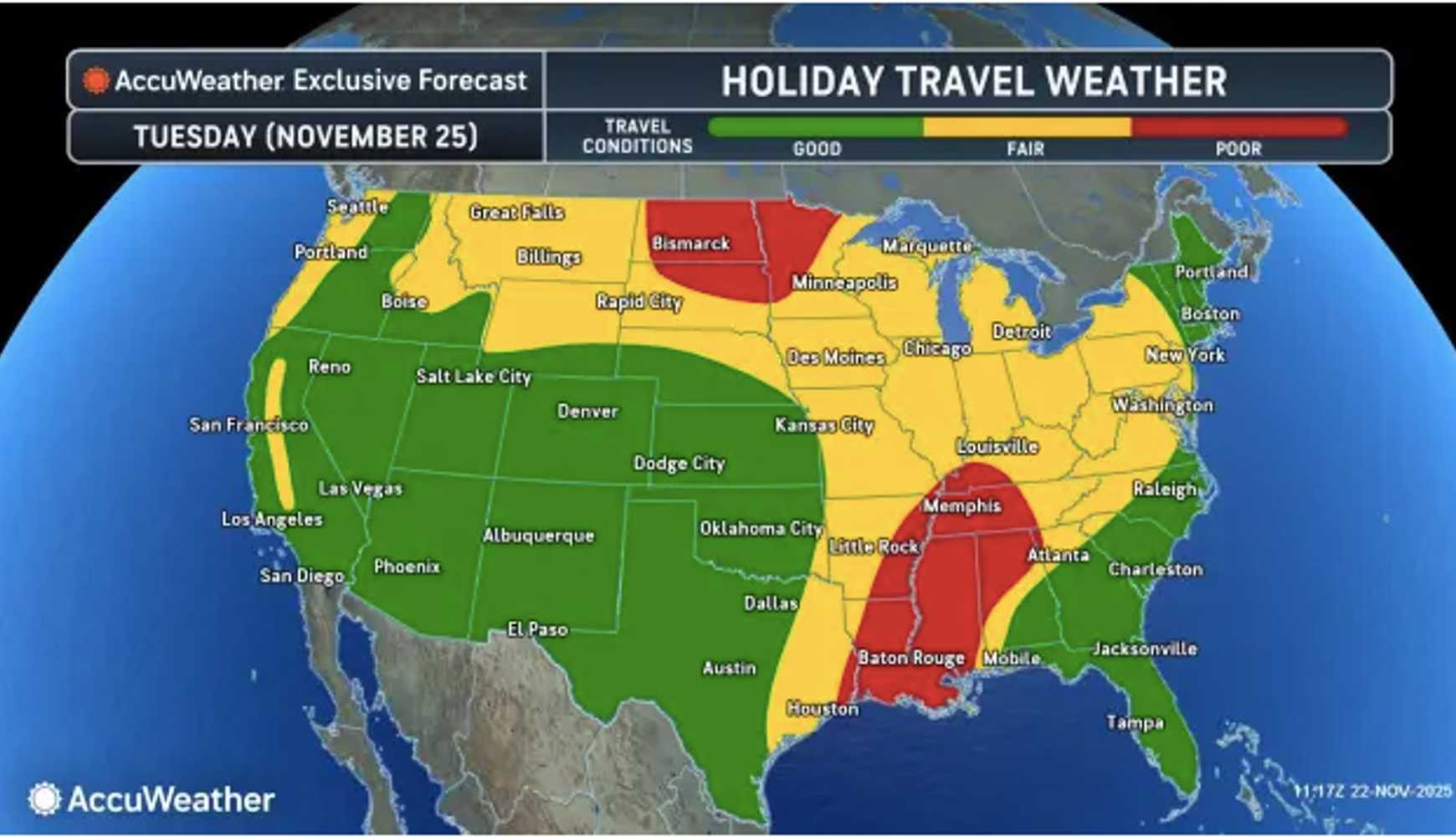 
Rain will arrive along the East Coast on Tuesday, Nov. 25.
