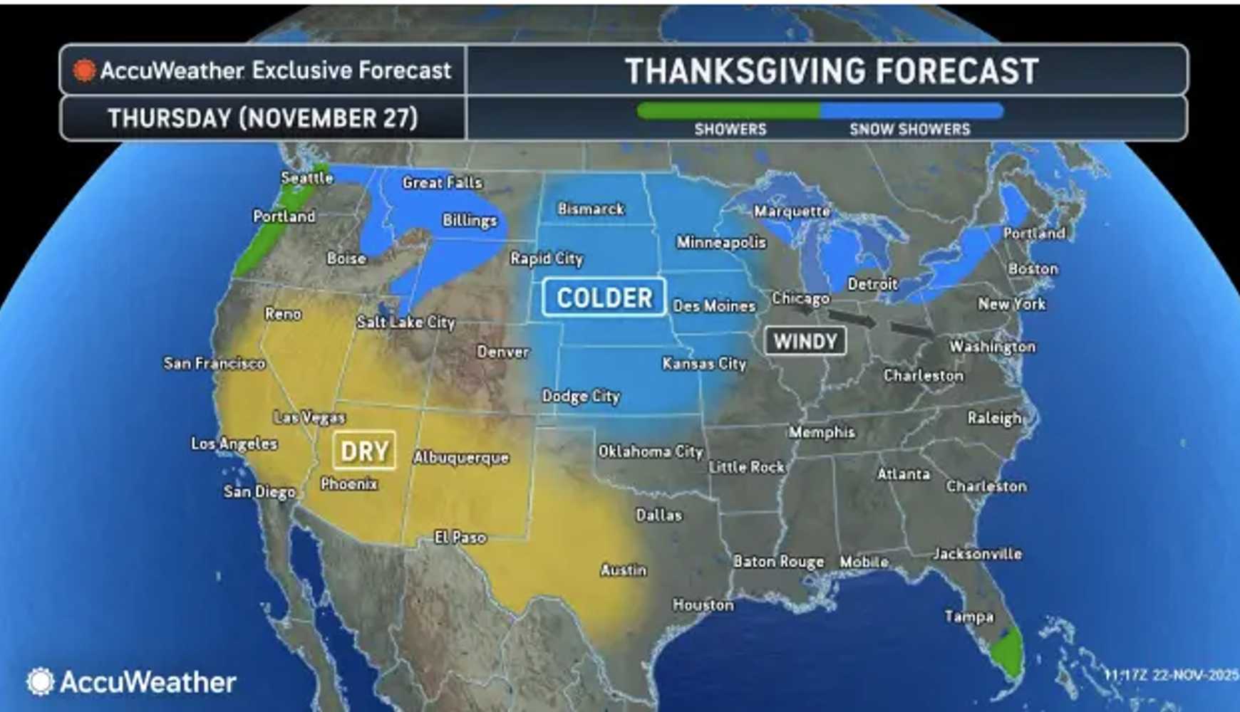 
It will be dry but windy on Thanksgiving Day on Thursday, Nov. 27.
