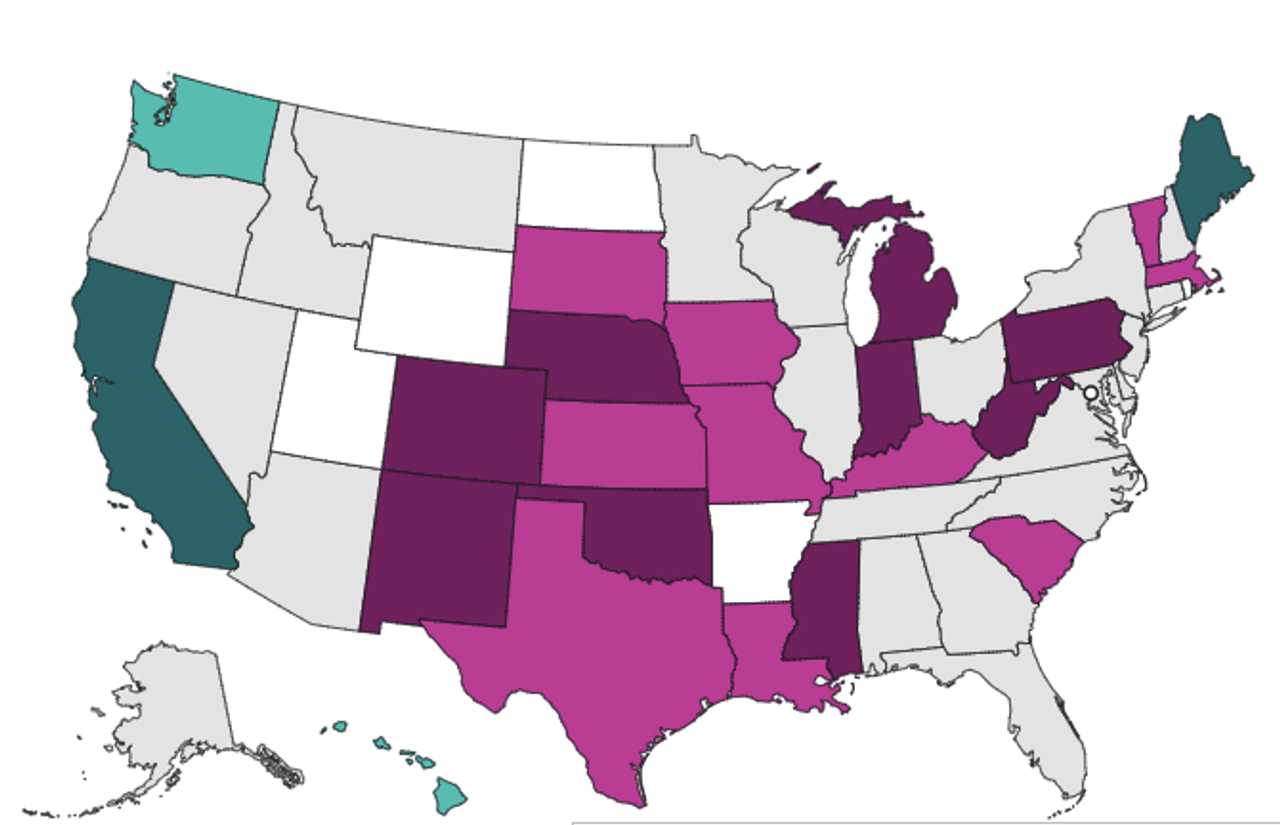 COVID cases are growing in states in the darkest shade of purple, and likely growing in states in the next darkest shade.
COVID cases are growing in states in the darkest shade of purple, and likely growing in states in the next darkest shade.