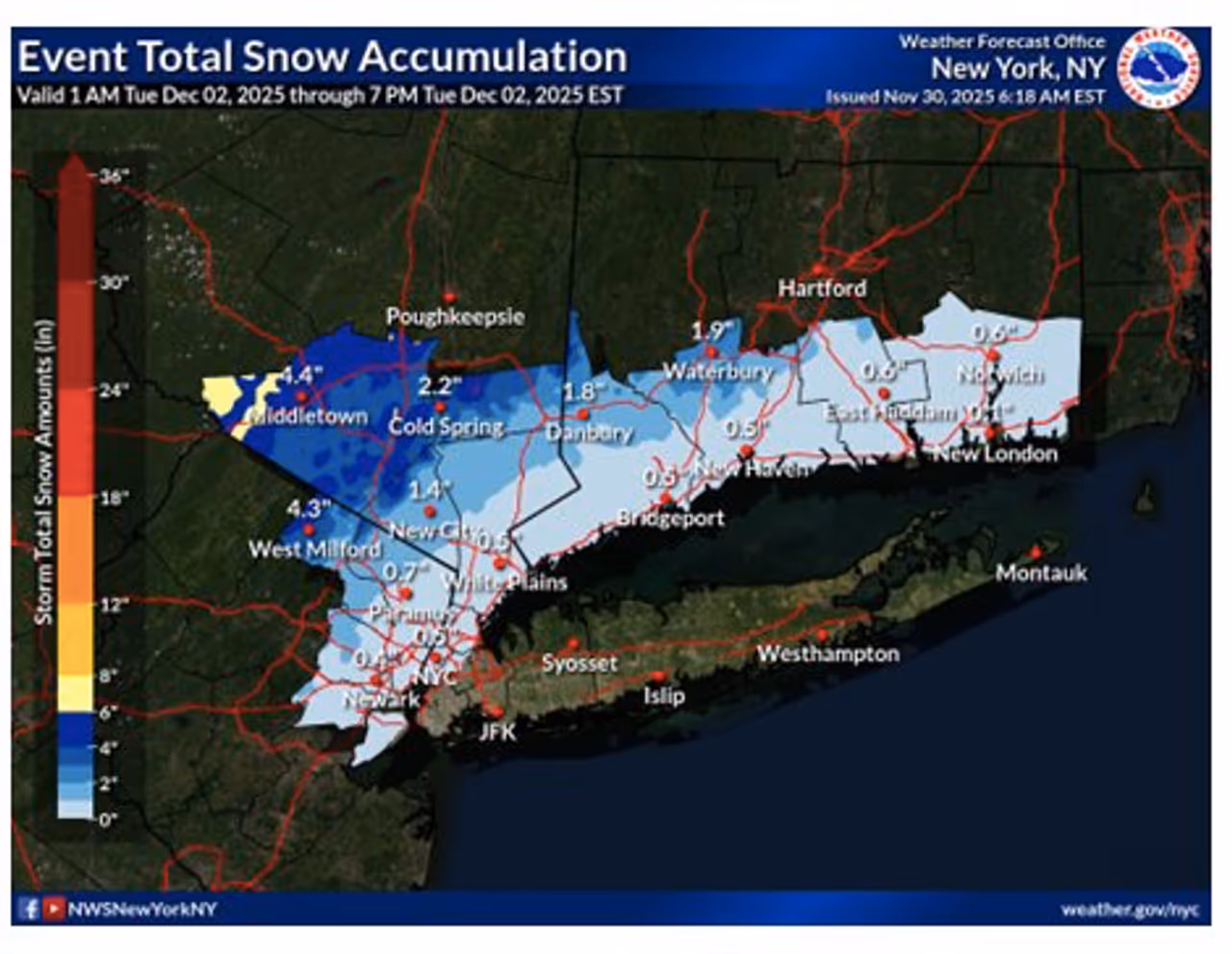 Updated snowfall projections for the storm on Tuesday, Dec. 2 released by the National Weather Service on Sunday, Nov. 30.