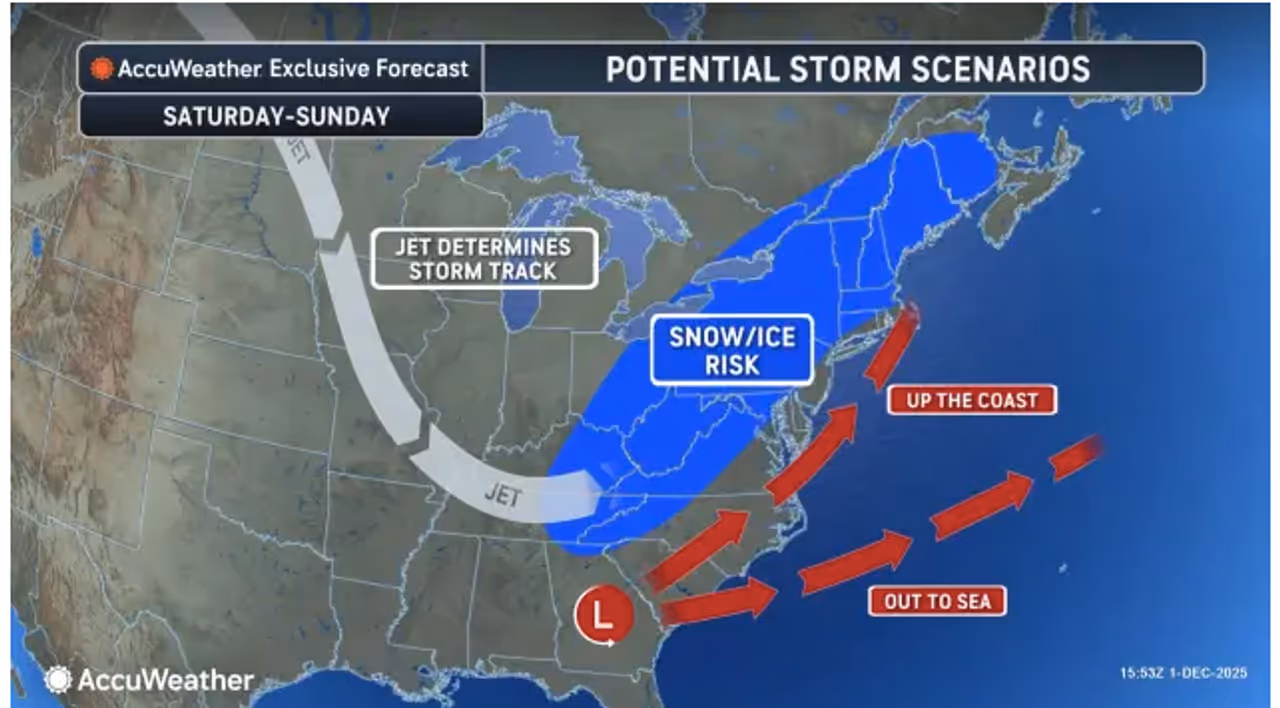 The risk for snow and ice over the weekend covers a wide portion of the Eastern US.
