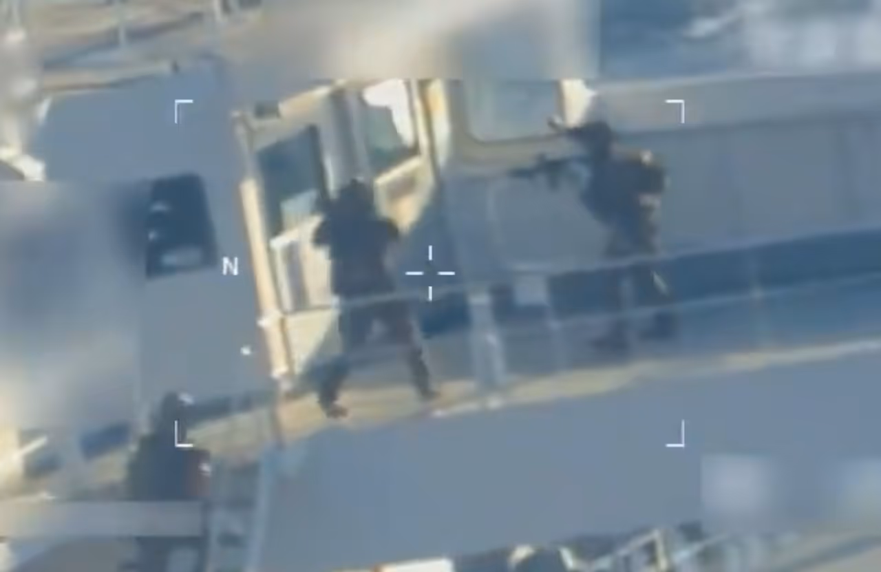The video shows heavily armed members of the US military on the deck of the vessel taking control of the oil tanker.
The video shows heavily armed members of the US military on the deck of the vessel taking control of the oil tanker.