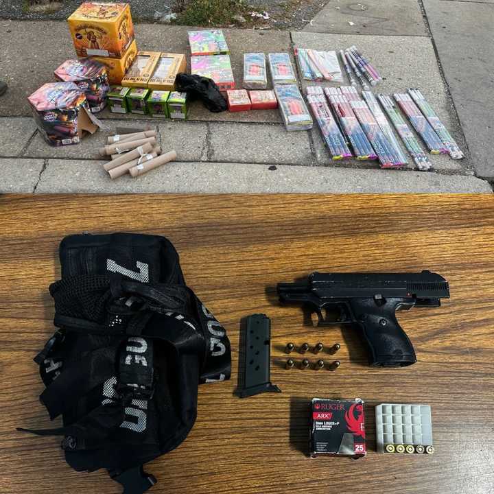 The seized fireworks and weapon.