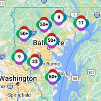 <p>The Baltimore Gas and Electric Outage Map at 5 p.m. on Friday, Aug. 9.</p>