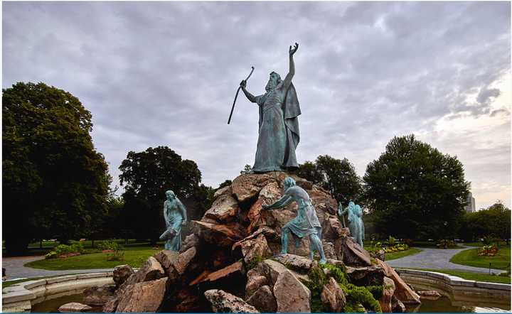 The Moses statue at Washington Park, where the infant was found dead.&nbsp;