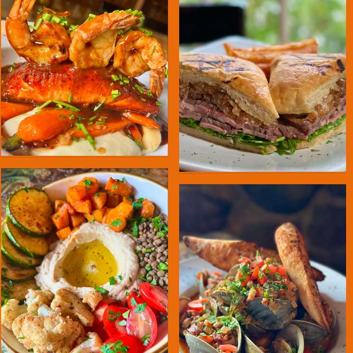 Shrimp and lobster, steak sandwich, shrimp and veggies, and little neck clams and sweet potatoes.&nbsp;