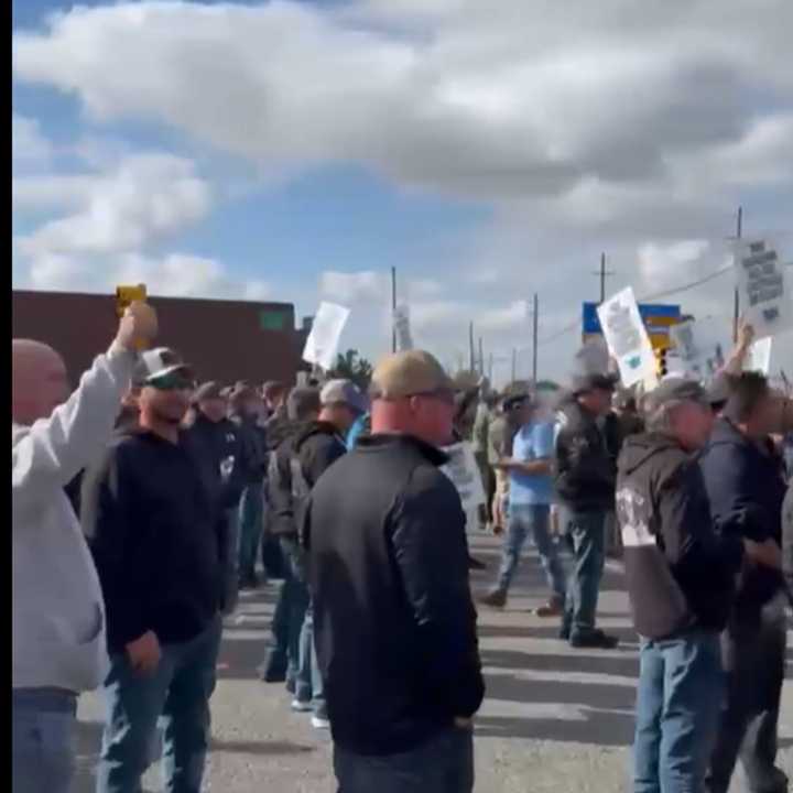 Picketers gather outside ports.