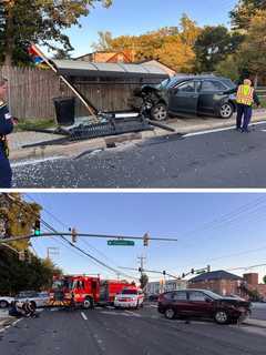 Bus Stop Destroyed After Car Caroms Into It Following Multi-Vehicle Crash In Hillandale