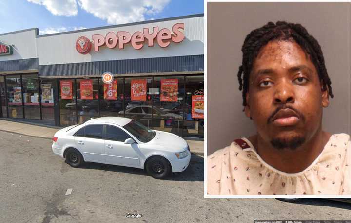 Yannick Kelly, 28, of Philadelphia (inset). The Popeyes located at&nbsp;6000 North Broad Street in Philadelphia where Kelly was accused of assaulting an employee (background image).