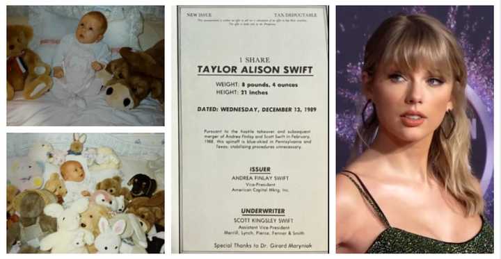 Newborn Taylor Swift (left), the borth announcement (center), and Taylor Swift at the 2019 American Music Awards on Sunday, Nov. 24, 2019. 