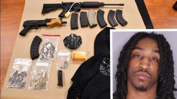 Victor Miles (inset). Weapons, ammunition, and drugs seized from Miles' vehicle during a Saturday, Oct. 26 traffic stop.