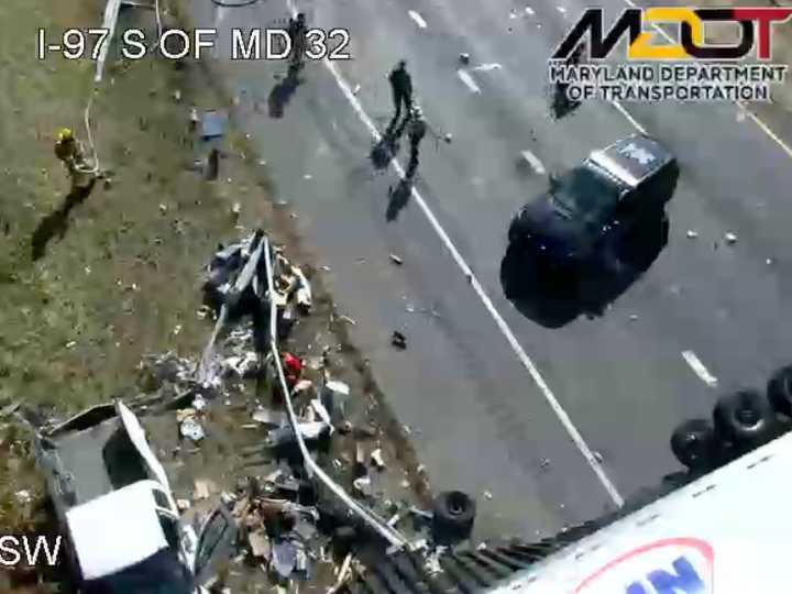 The aftermath of the tractor-trailer crash in Anne Arundel County.