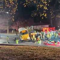 <p>The scene of the school bus collision into a truck at 311 County Line Road, in Huntingdon Valley. </p>