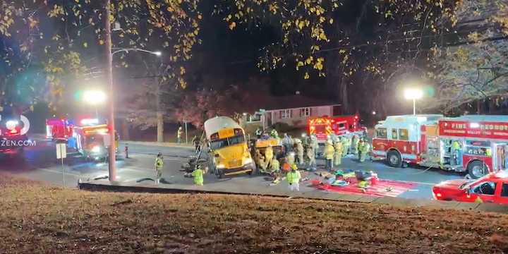 The scene of a school bus collision with a truck.