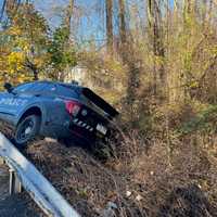 A Bensalem Police Department patrol vehicle involved in a deer-related crash on Galloway Road in Bucks County on Thursday, Nov. 14, 2024.