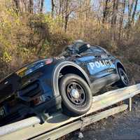 <p> A Bensalem Police Department patrol vehicle involved in a deer-related crash on Galloway Road in Bucks County on Thursday, Nov. 14, 2024.</p>