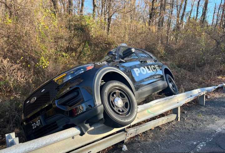  A Bensalem Police Department patrol vehicle involved in a deer-related crash on Galloway Road in Bucks County on Thursday, Nov. 14, 2024.