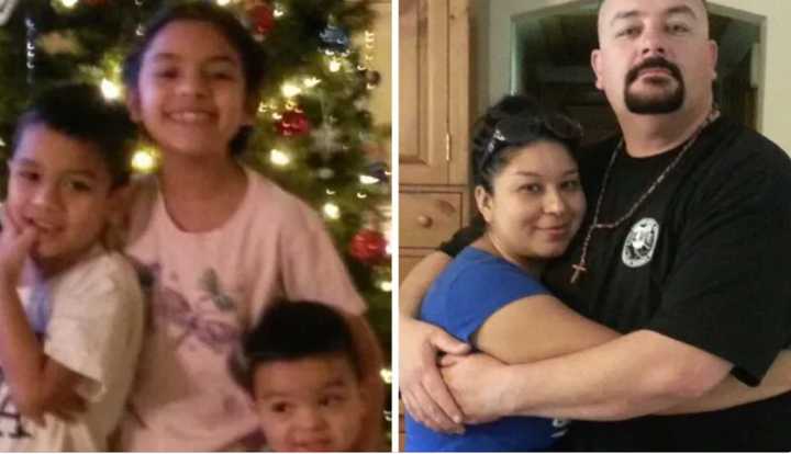 (Left) Madison Bermudez, 8, center, smiles with her brothers James, 6, and Michael, 2. (Right) Their mother, Sara Bermudez hugs her husband&nbsp;Moses Bermudez. Sara and the three children were murdered on March 1, 2018.&nbsp;