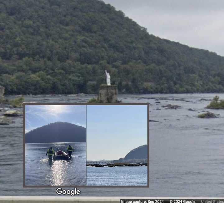 The Susquehanna Rvier's miniature Statue of Liberty and the water rescue to save injured kayaker, Fred Shankweiler, from it. 