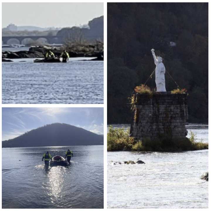 The water rescue and the miniature Statue of Liberty in the Susquehanna River. 