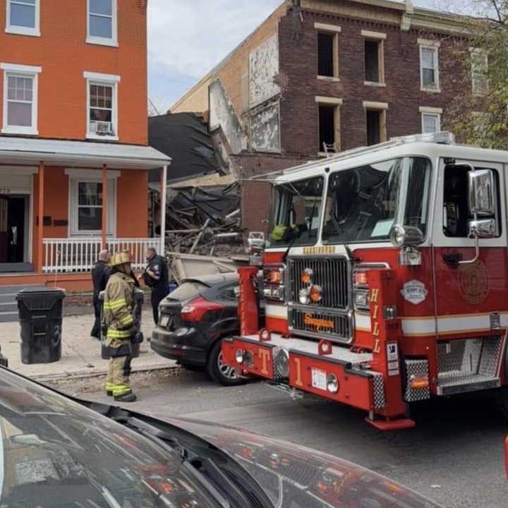 The scene of the collapsed rowhome in Harrisburg.