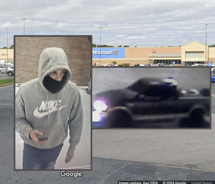 The suspected hit-and-run driver and his vehicle and the Walmart parking lot where it happened. 