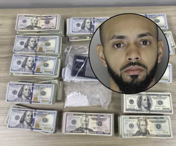 Alex Ramos-Flores and the cocaine and money seized from his home. 