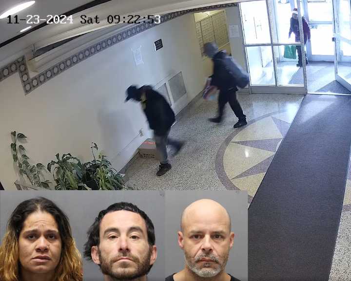 (From left to right): Adriana Torres, Manuel Ortiz, and Vladymir Campos were caught on video stealing packages from a lobby in Yonkers, police said.  