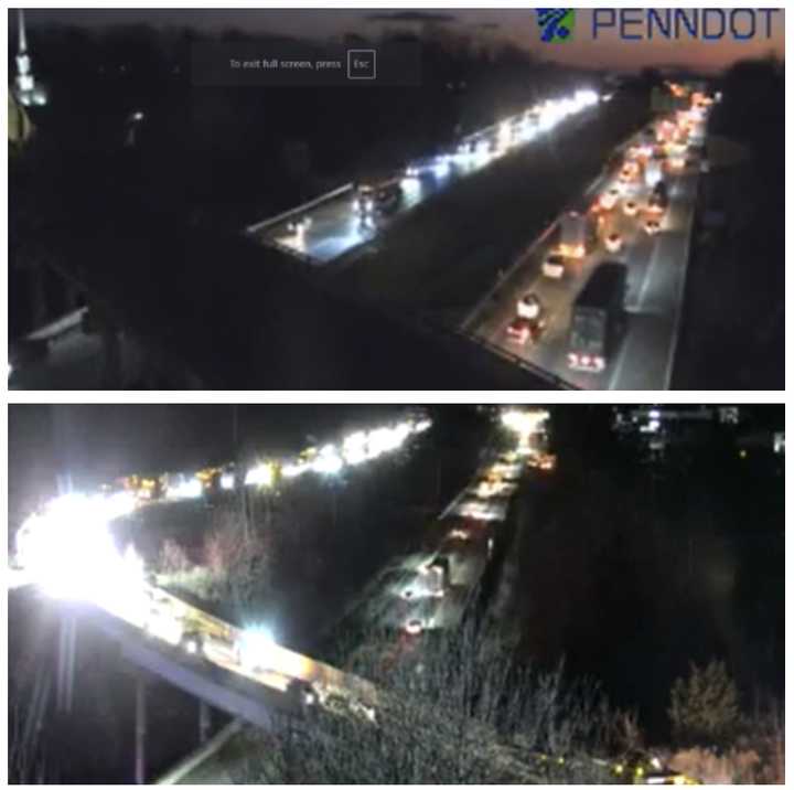 The scene of the tractor-trailer rollover (bottom) and the delays on I-81 (top).