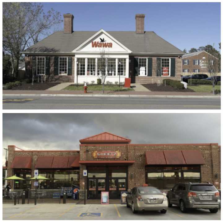 Wawa and Sheetz store fronts. 