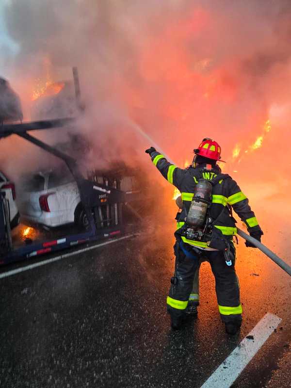 Fully-Loaded Car Carrier Catches Fire Shutting I-95 In Westbrook: State Police