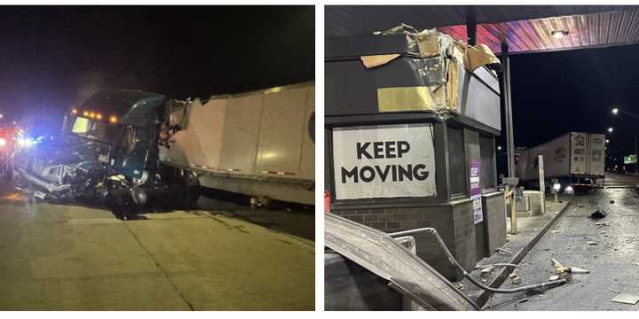 The PA Turnpike toll booth on I-376 in Chippewa Township after a tractor-trailer slammed into it. 