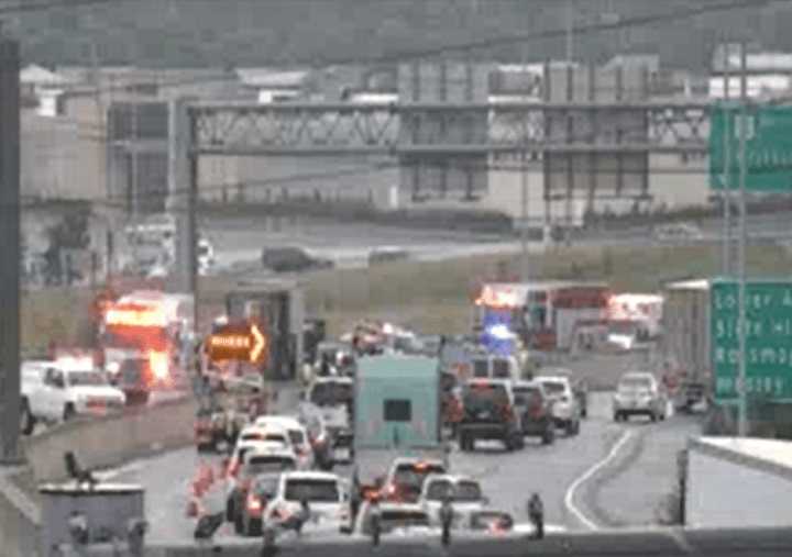 The scene multiple-vehicle crash that sent five people to the hospital on Route 15.